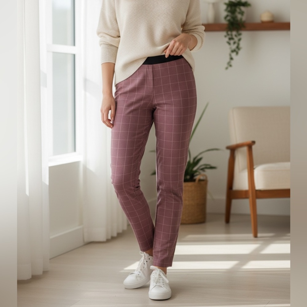 A New Day Women's Size 10 Checkered Pattern Pants - Mauve and Cream